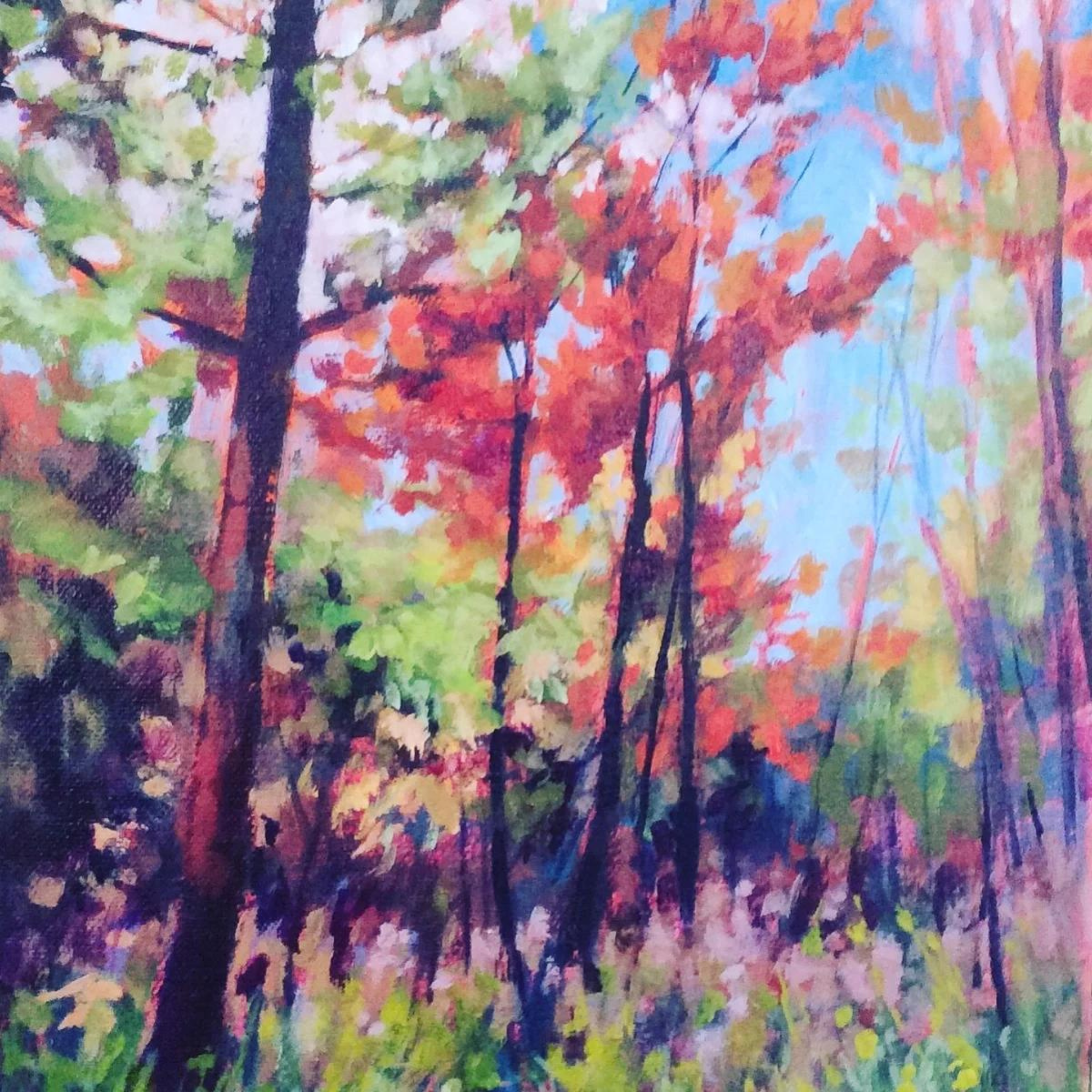 Painting of trees with pink and green leaves