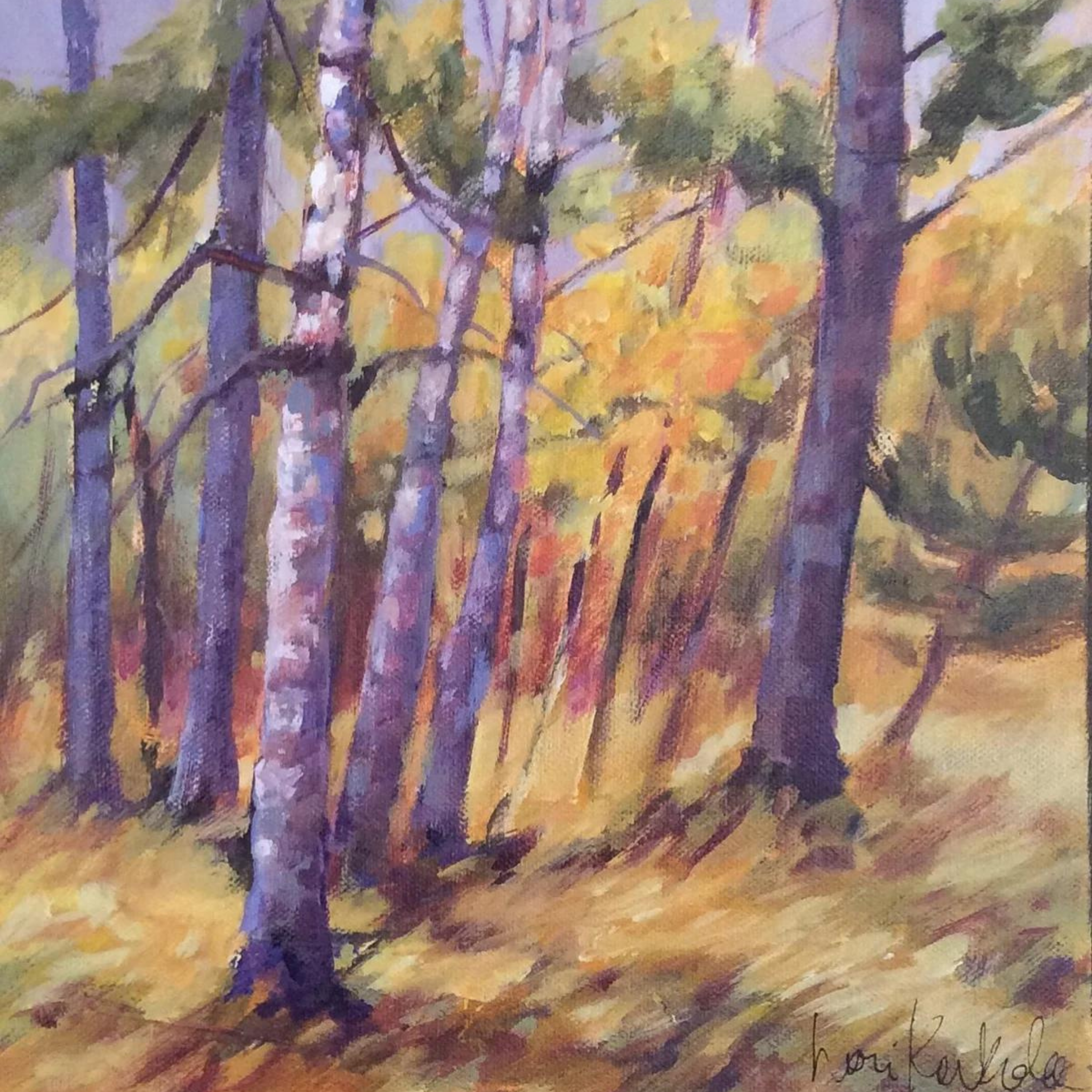 Painting of a fall scene. Brown and yellow grass and bare trees