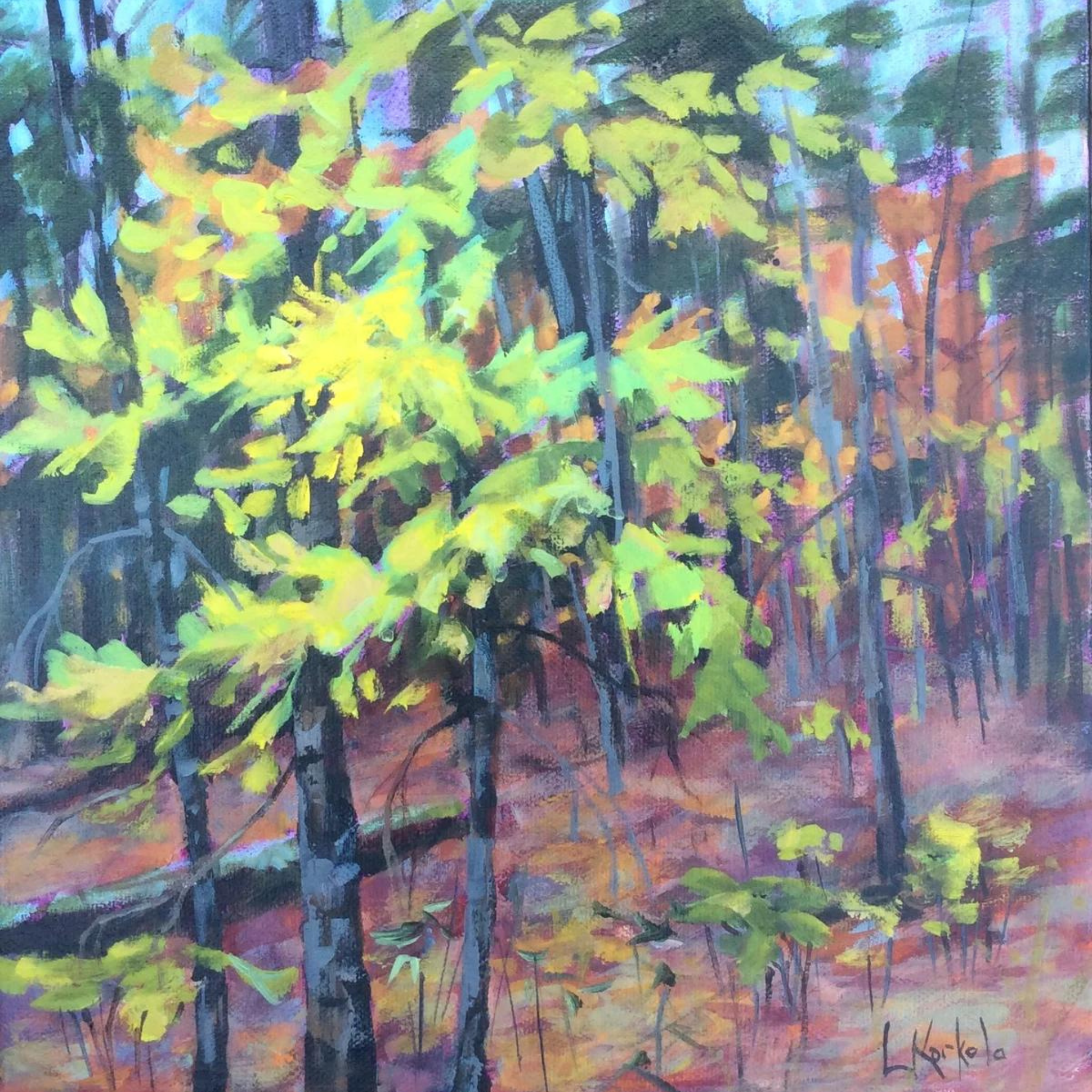 Painting of trees with bright green leaven in a forest